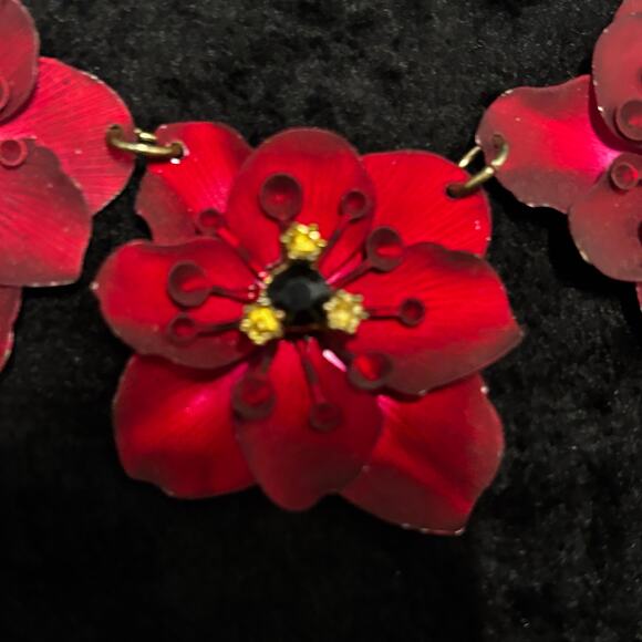 Bold Red Layered Flower Statement Necklace Gold Chain | Glam Floral Jewelry - Picture 2 of 13